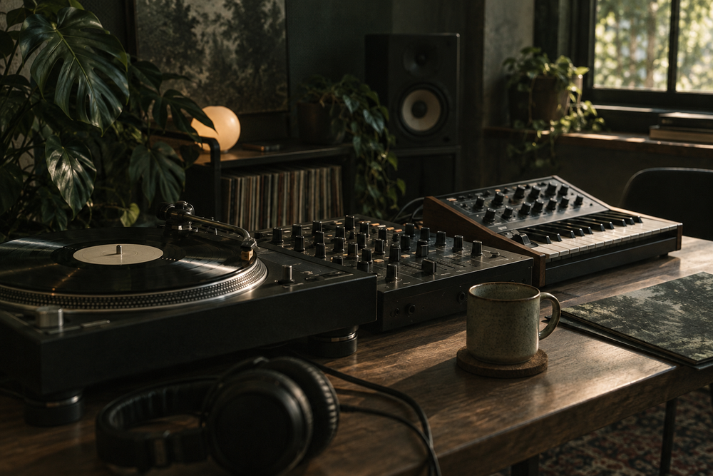 Dj-mengpaneel naast een klein keyboard in een gedempte muziekruimte.