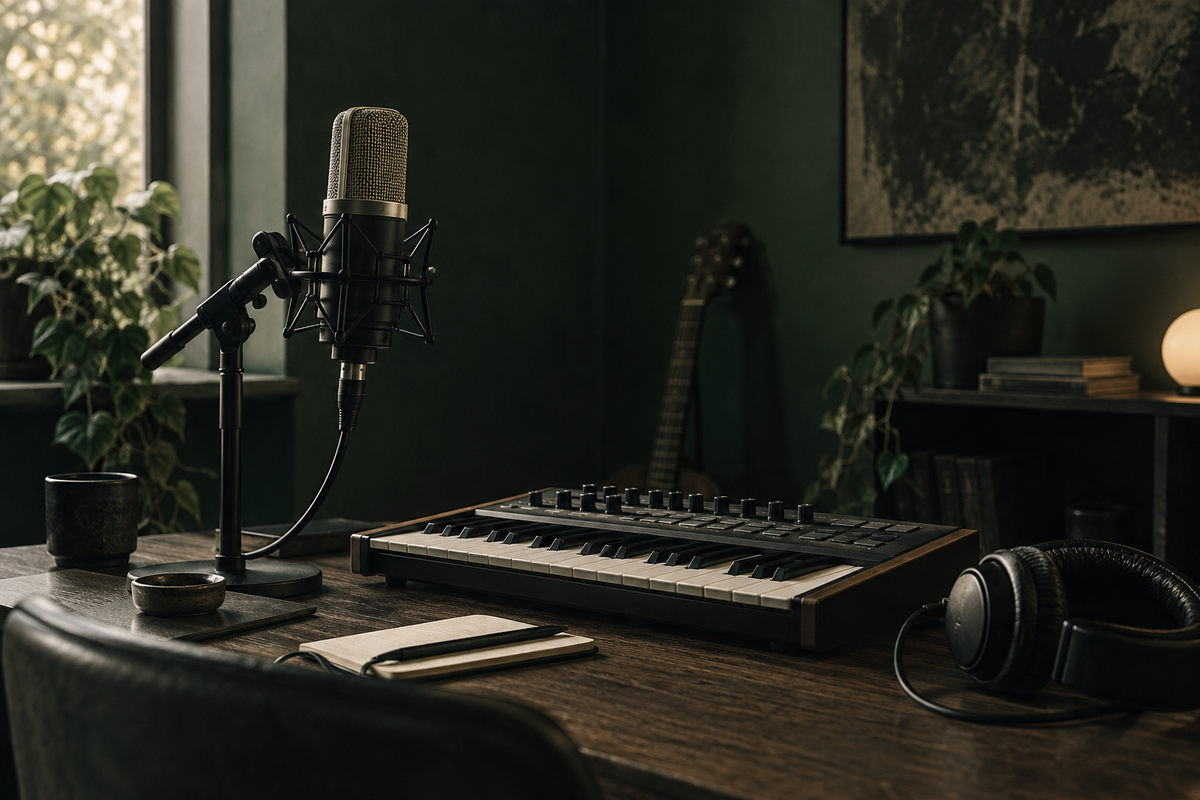 Studiomicrofoon naast een compact MIDI-keyboard in een donkere ruimte.