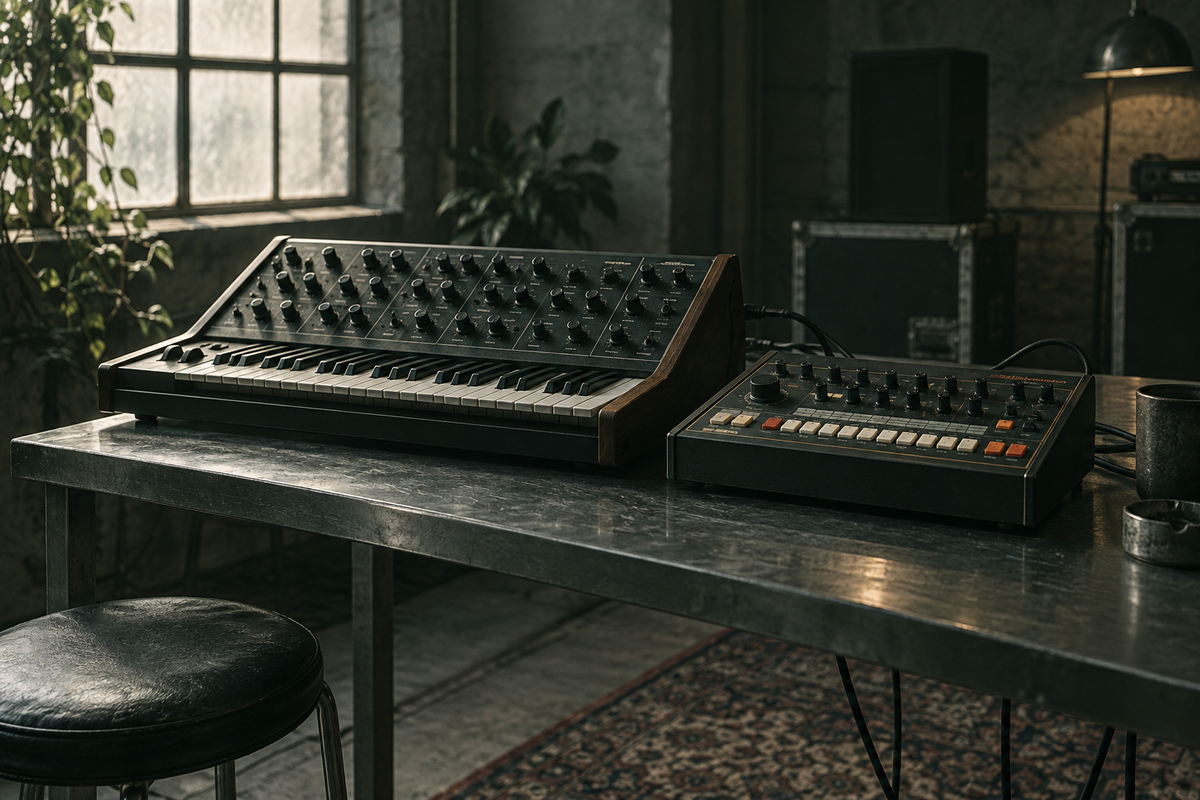 Bassynthesizer en drumcomputer op een stalen tafel.