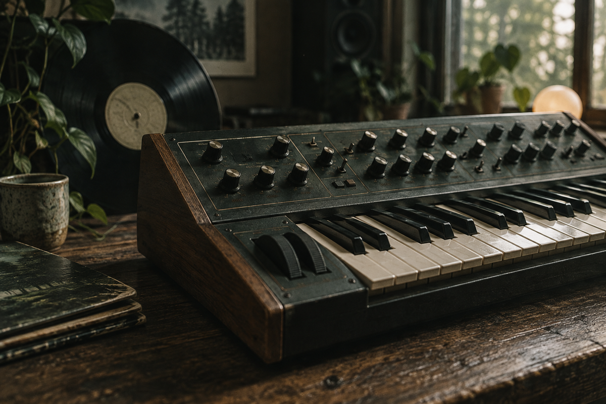 Vintage synthesizer met een toonhoogtewiel en een vinylplaat erachter.