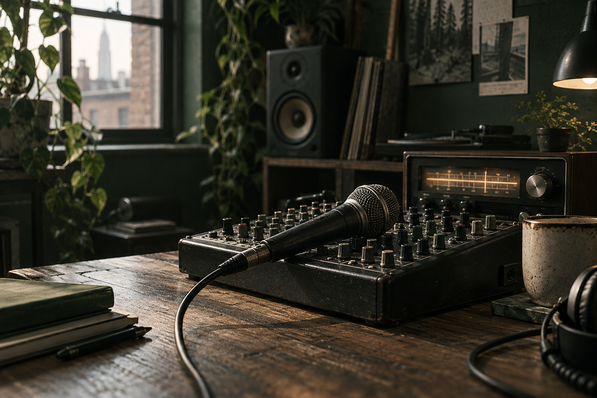 Bedrade microfoon op een klein mengpaneel naast een radio-ontvanger.