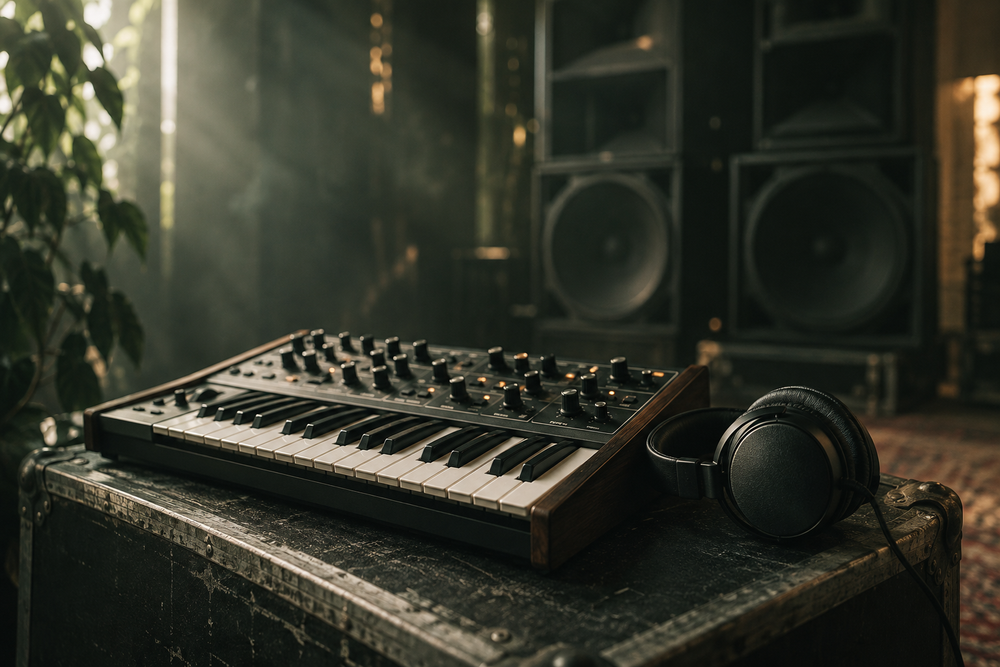 Synthesizer en koptelefoon met luidsprekers op de achtergrond.