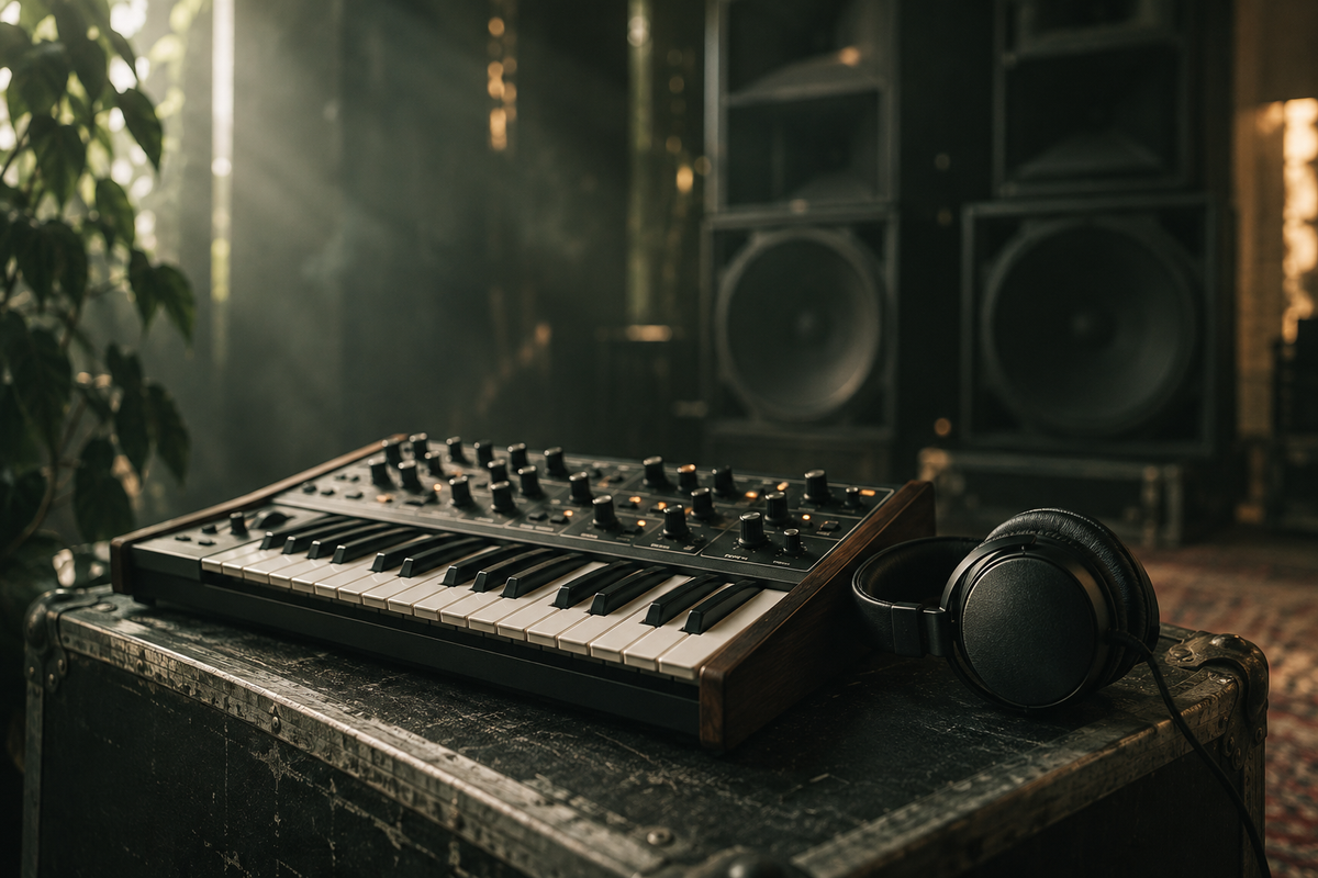 Synthesizer en koptelefoon met luidsprekers op de achtergrond.