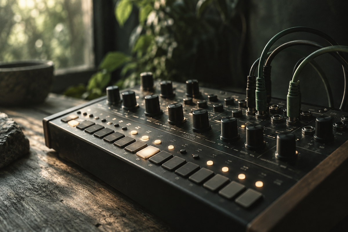 Elektronische sequencer met aangesloten patchkabels in close-up.