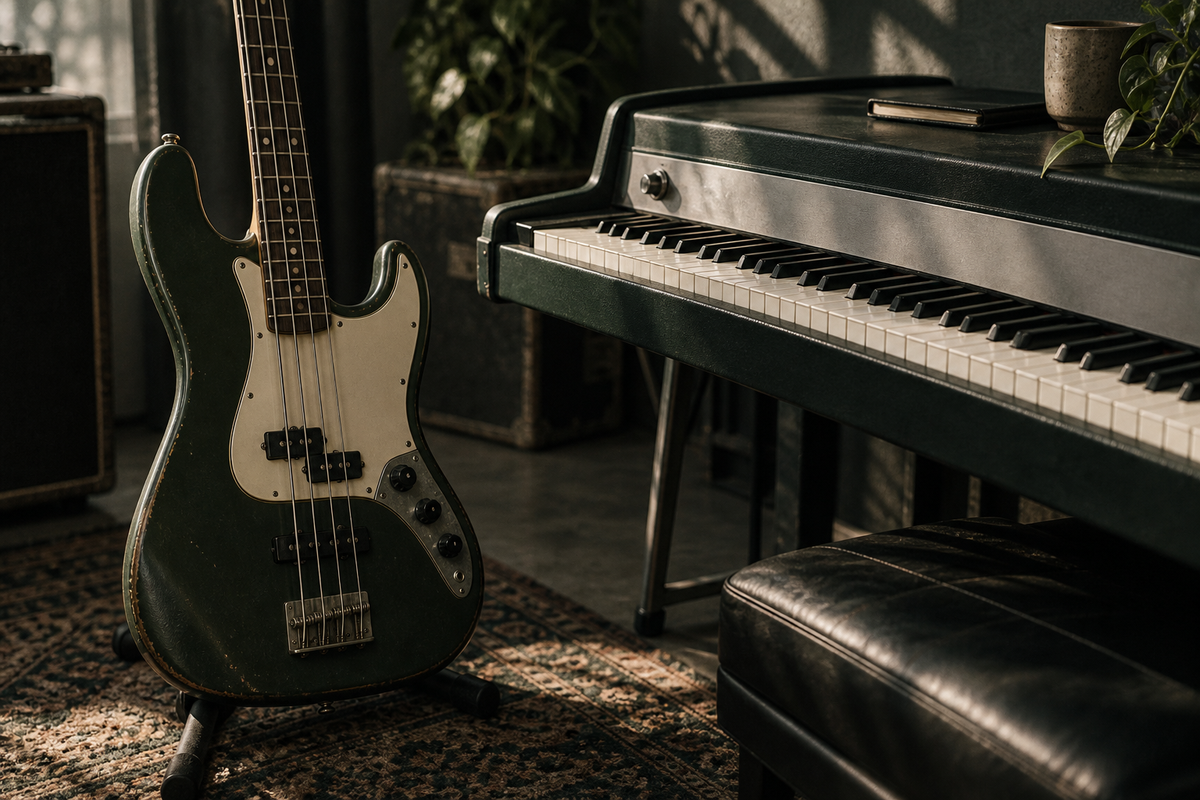 Basgitaar naast de toetsen van een elektrische piano in een studio.