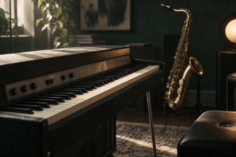 Toetsen van een elektrische piano met een saxofoon op de achtergrond.
