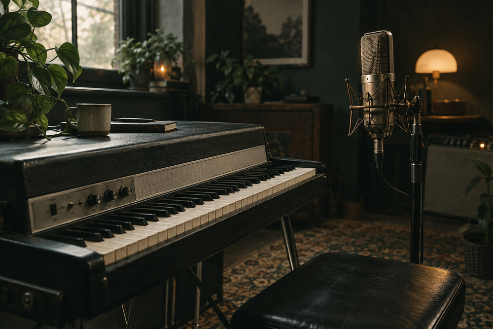 Elektrische piano naast een vintage studiomicrofoon in warm zijlicht.
