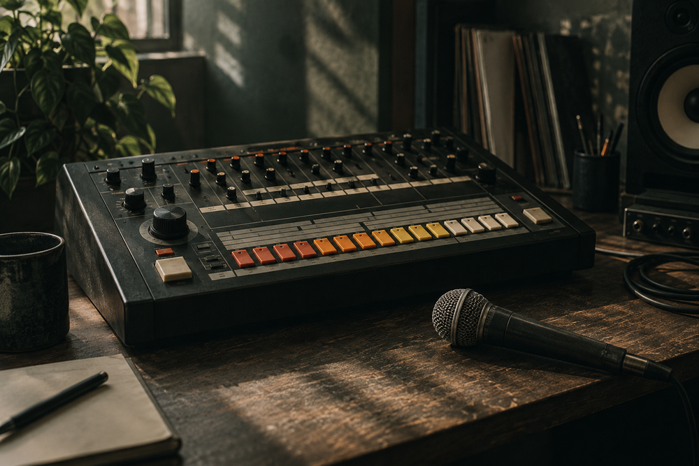 Drumcomputer naast een handmicrofoon op een studiotafel.