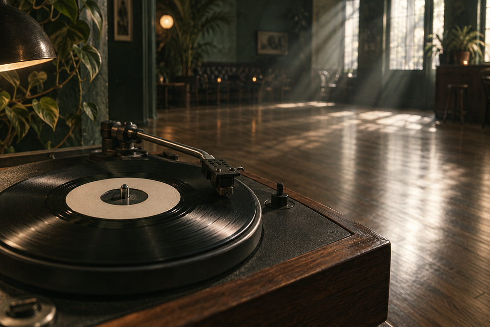Kleine vinylsingle op een draaitafel met een houten dansvloer op de achtergrond.