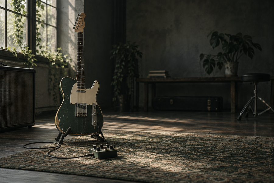 Elektrische gitaar op een standaard naast een delaypedaal in een lege oefenruimte.