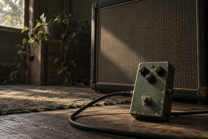 Fuzzpedaal met aangesloten kabel voor een grote vintage versterker.