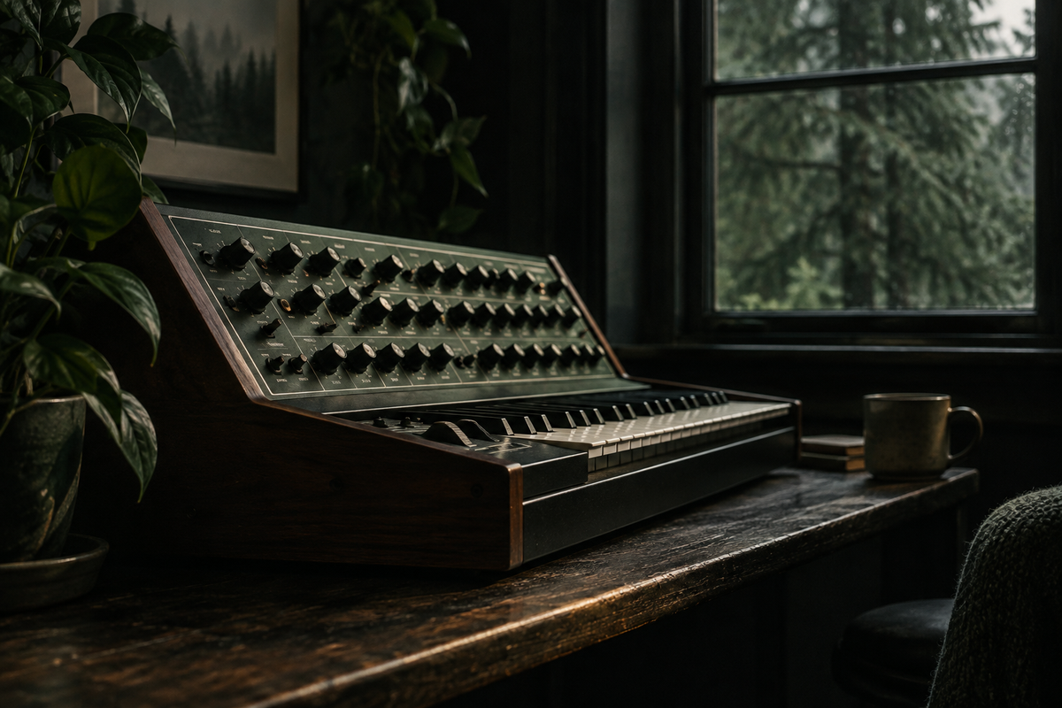 Analoge synthesizer naast een donker raam met zachte groene reflecties.