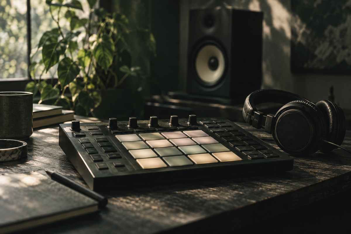 Moderne drumcontroller met koptelefoon en een studioluidspreker op de achtergrond.