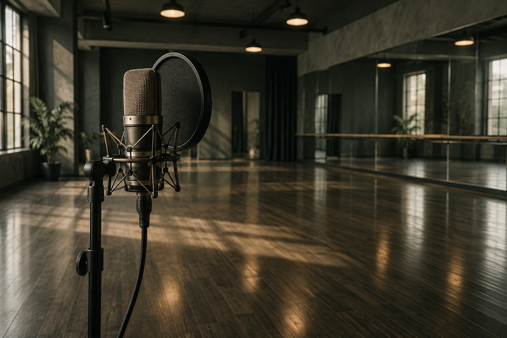 Studiomicrofoon in een lege dansstudio met houten vloer en spiegelwand.