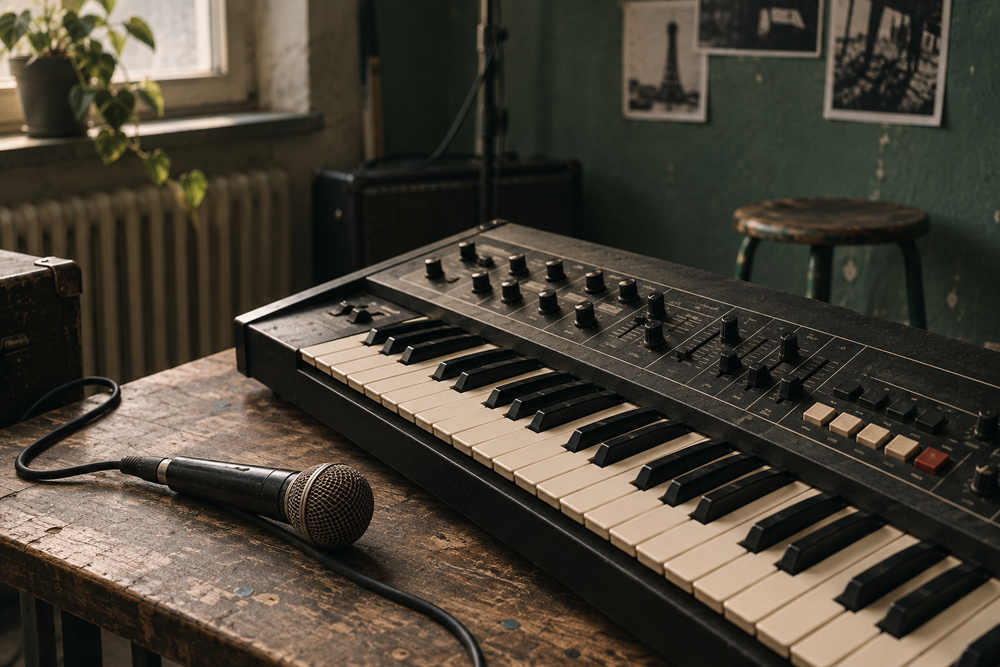 Vintage synthesizer en bedrade microfoon op een houten tafel in een oefenruimte.