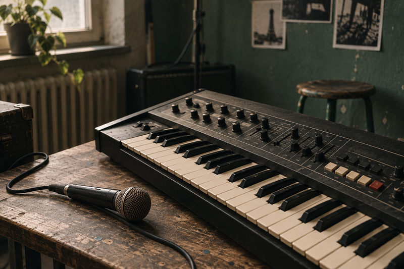 Vintage synthesizer en bedrade microfoon op een houten tafel in een oefenruimte.