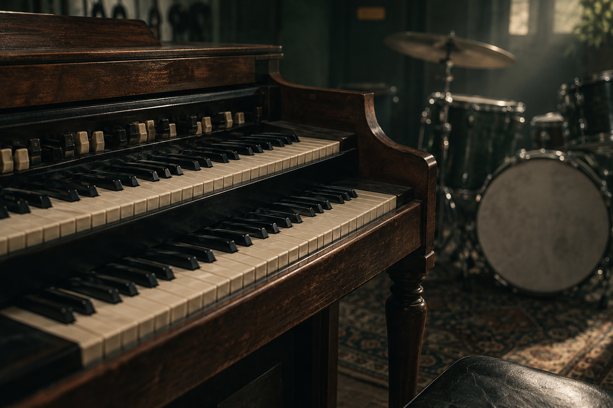 Twee klavieren van een vintage orgel, met een drumstel op de achtergrond.