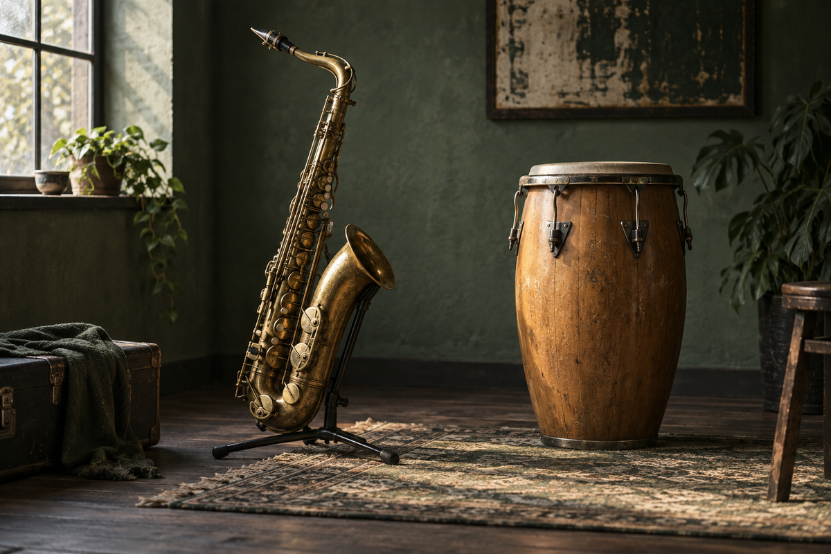 Saxofoon en conga in een rustige hoek van een oefenruimte.