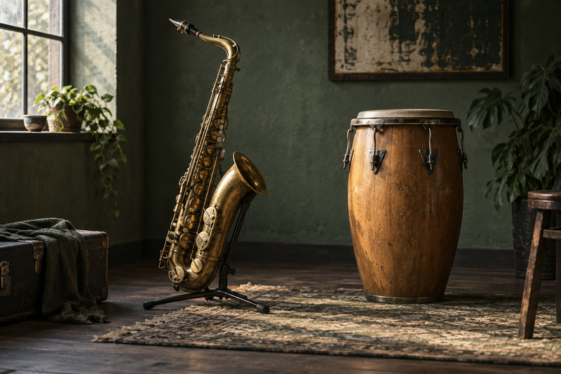 Saxofoon en conga in een rustige hoek van een oefenruimte.