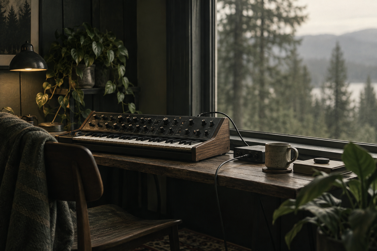 Synthesizer bij een raam met onscherpe bomen op de achtergrond.
