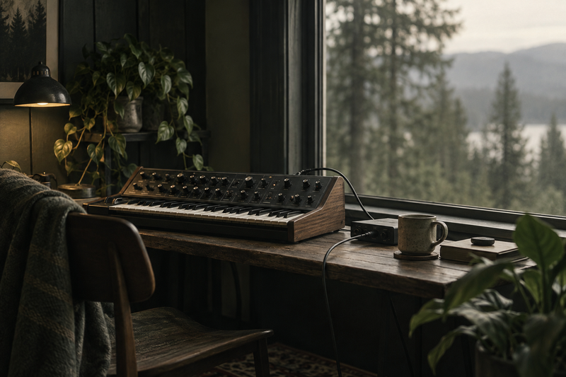 Synthesizer bij een raam met onscherpe bomen op de achtergrond.