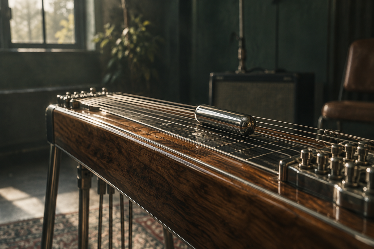 Snaren van een pedalsteelgitaar met een metalen slide op het instrument.