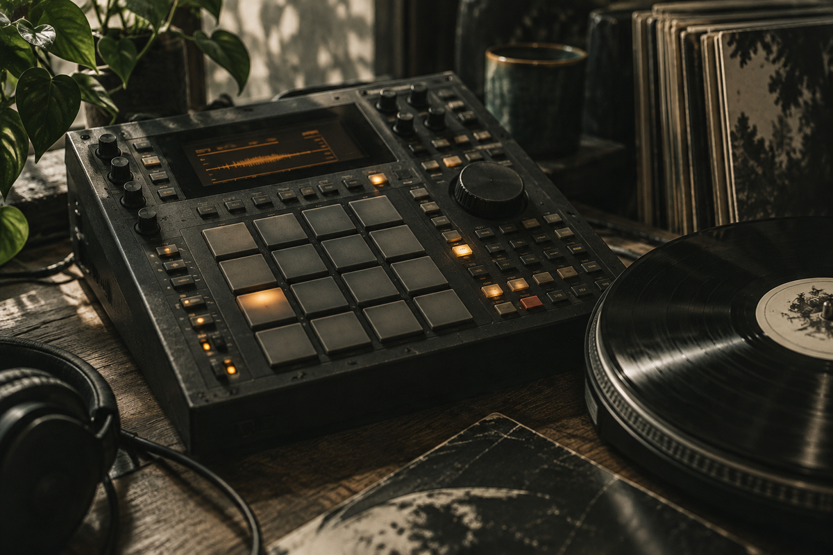 Sampler naast een vinylplaat op een donkere studiotafel.
