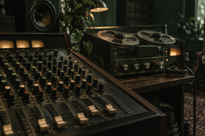 Analoog mengpaneel naast een vintage tape-echoapparaat.