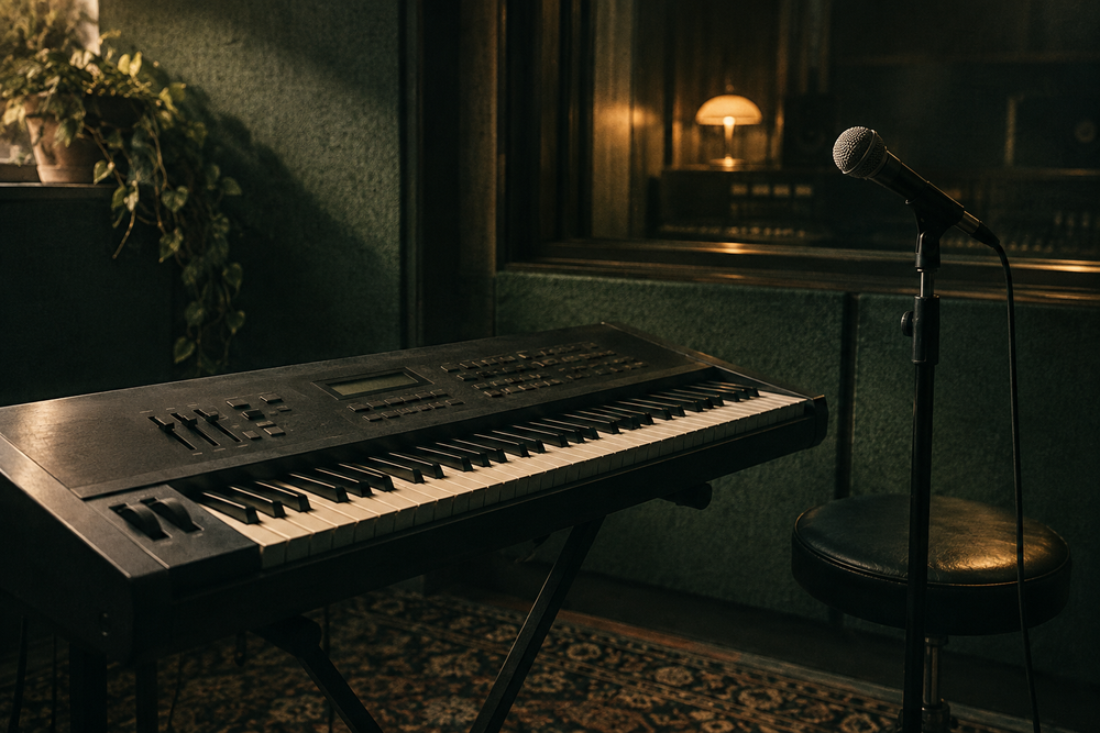 Synthesizer en bedrade zangmicrofoon in een eenvoudige opnameruimte.