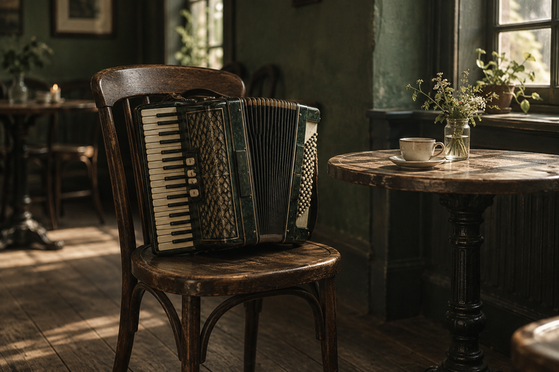 Accordeon op een houten caféstoel naast een kleine ronde tafel.