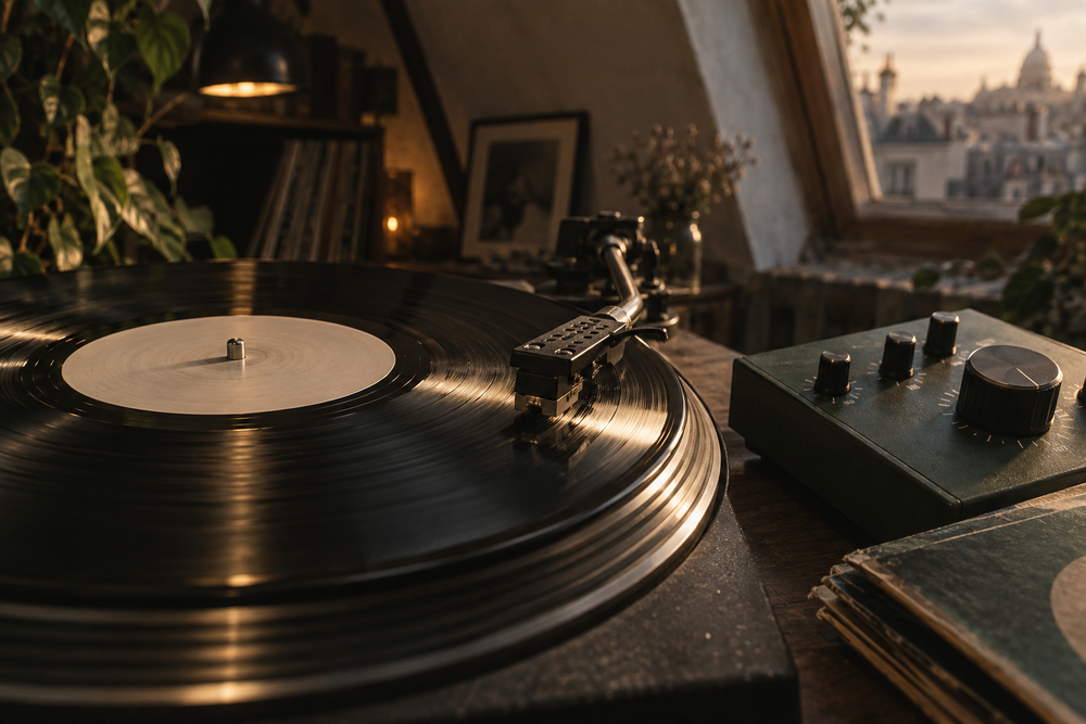 Naald op een vinylplaat naast een kleine effectenunit met draaiknoppen.