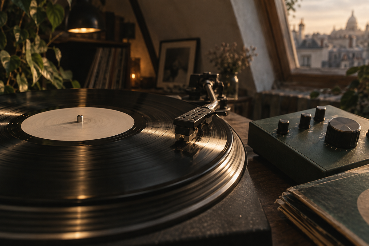 Naald op een vinylplaat naast een kleine effectenunit met draaiknoppen.