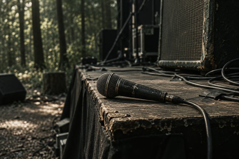 Bedrade microfoon op de rand van een laag podium met vastgeplakte kabels.