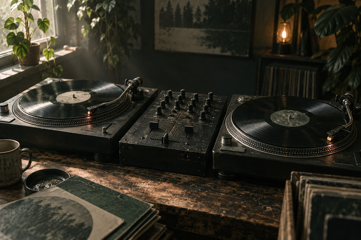 Twee draaitafels met vinylplaten en een mengpaneel ertussen.