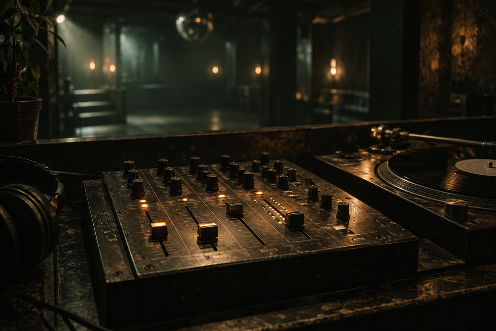 Mengpaneel in een lege dj-booth, met de rand van een vinylplaat ernaast.