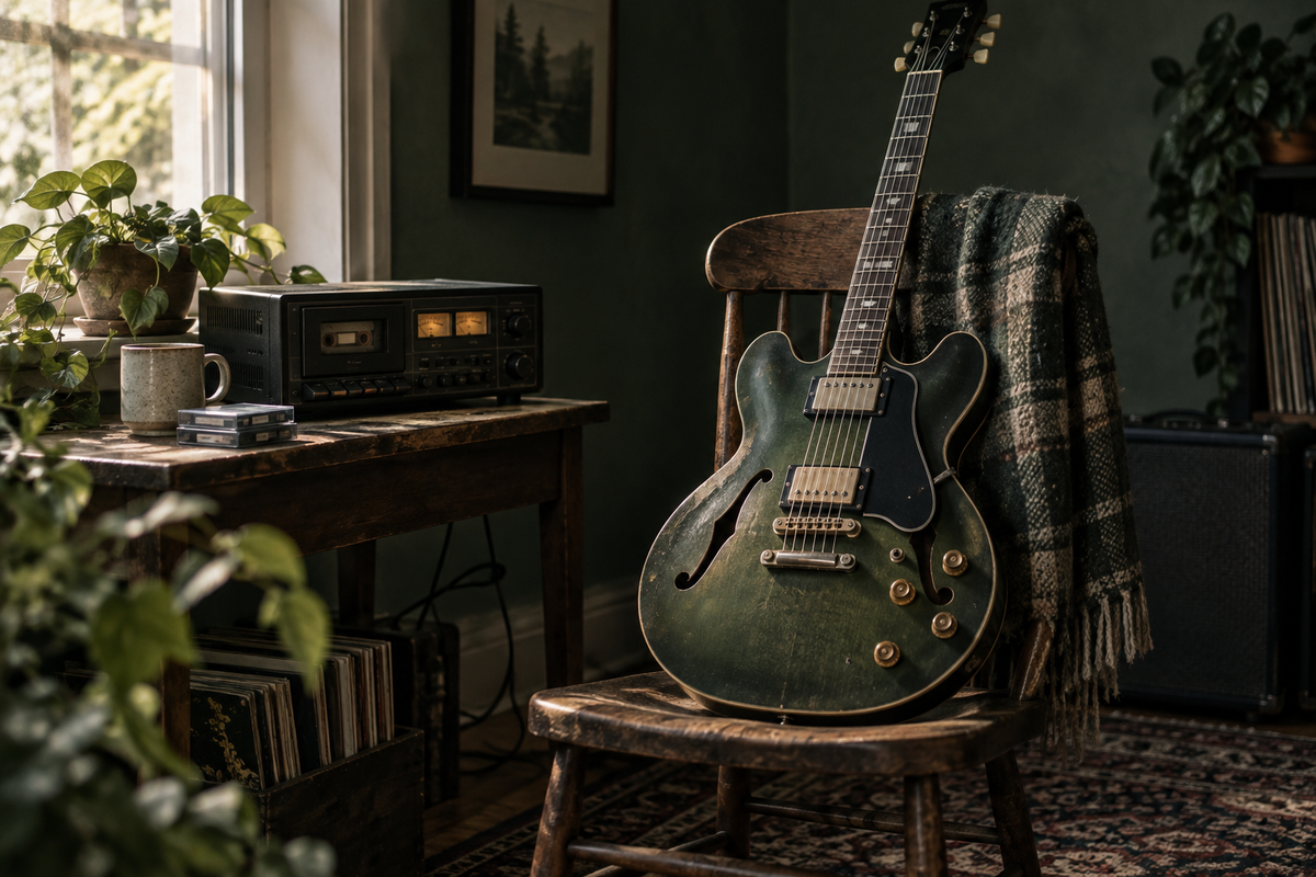 Elektrische gitaar op een houten stoel naast een kleine cassetterecorder.