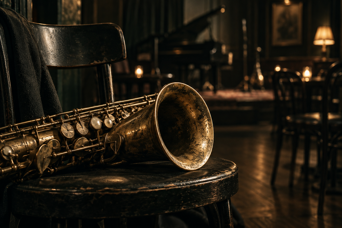 Saxofoon op een donkere stoel, met warm licht op de beker en kleppen.