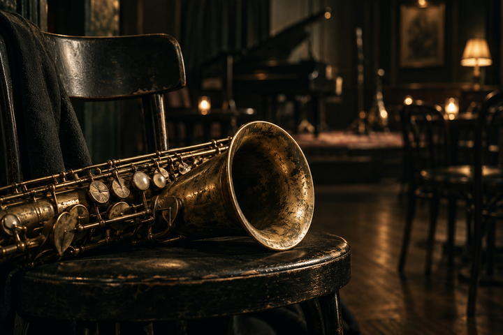 Saxofoon op een donkere stoel, met warm licht op de beker en kleppen.