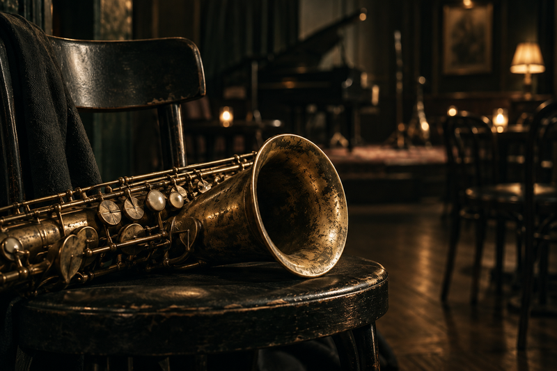 Saxofoon op een donkere stoel, met warm licht op de beker en kleppen.