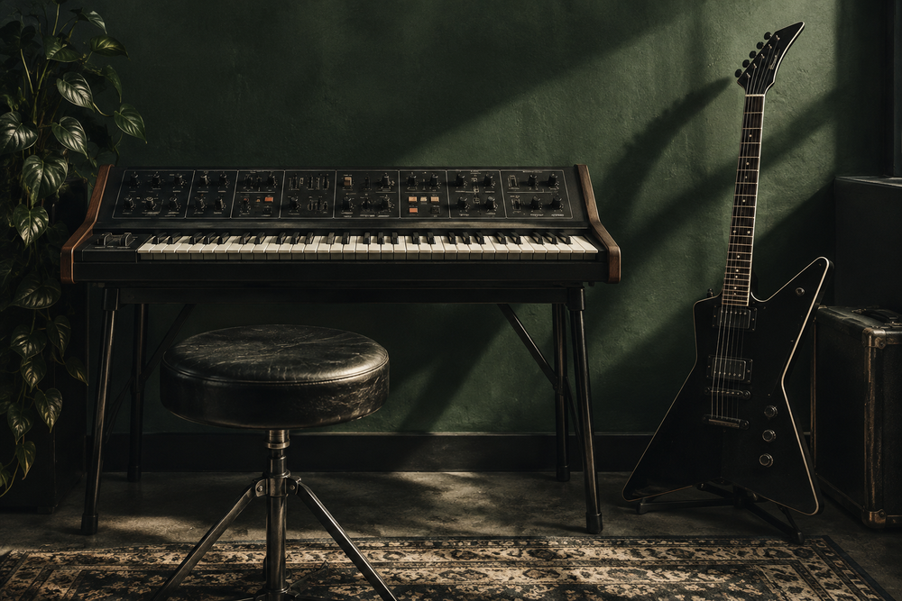 Vintage synthesizer met de rand van een elektrische gitaar ernaast.