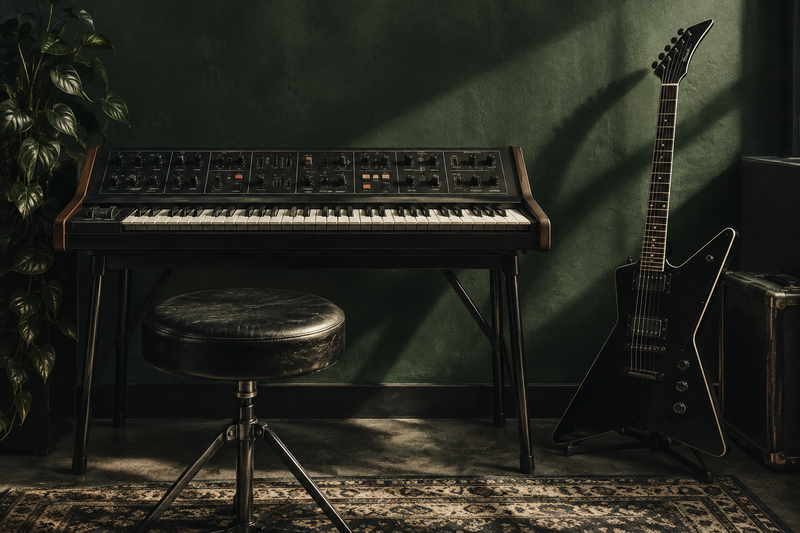 Vintage synthesizer met de rand van een elektrische gitaar ernaast.