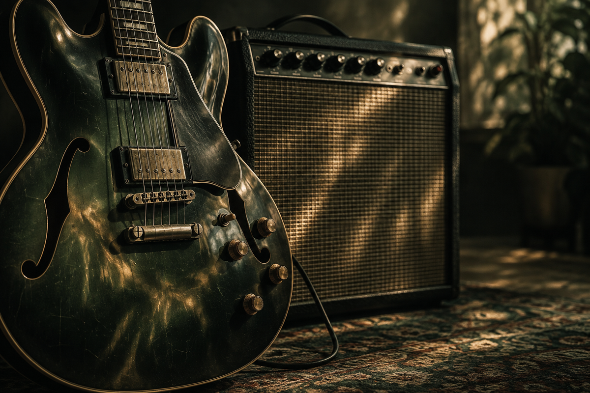 Vintage gitaar en versterker met zachte groene en amberkleurige lichtpatronen.