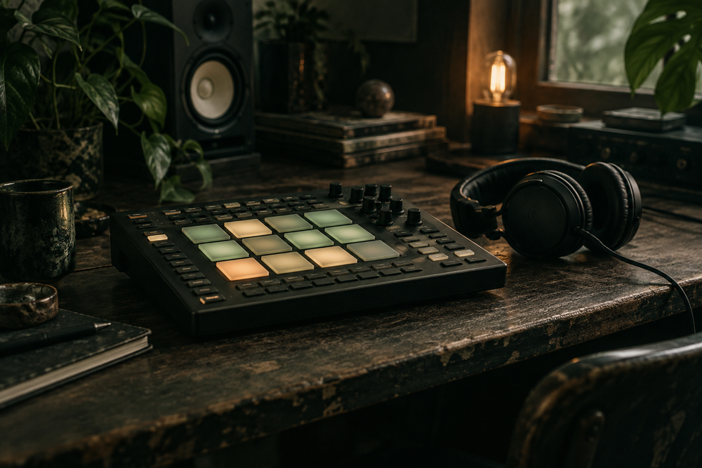 Ritmecontroller met koptelefoon op een donkere studiotafel.