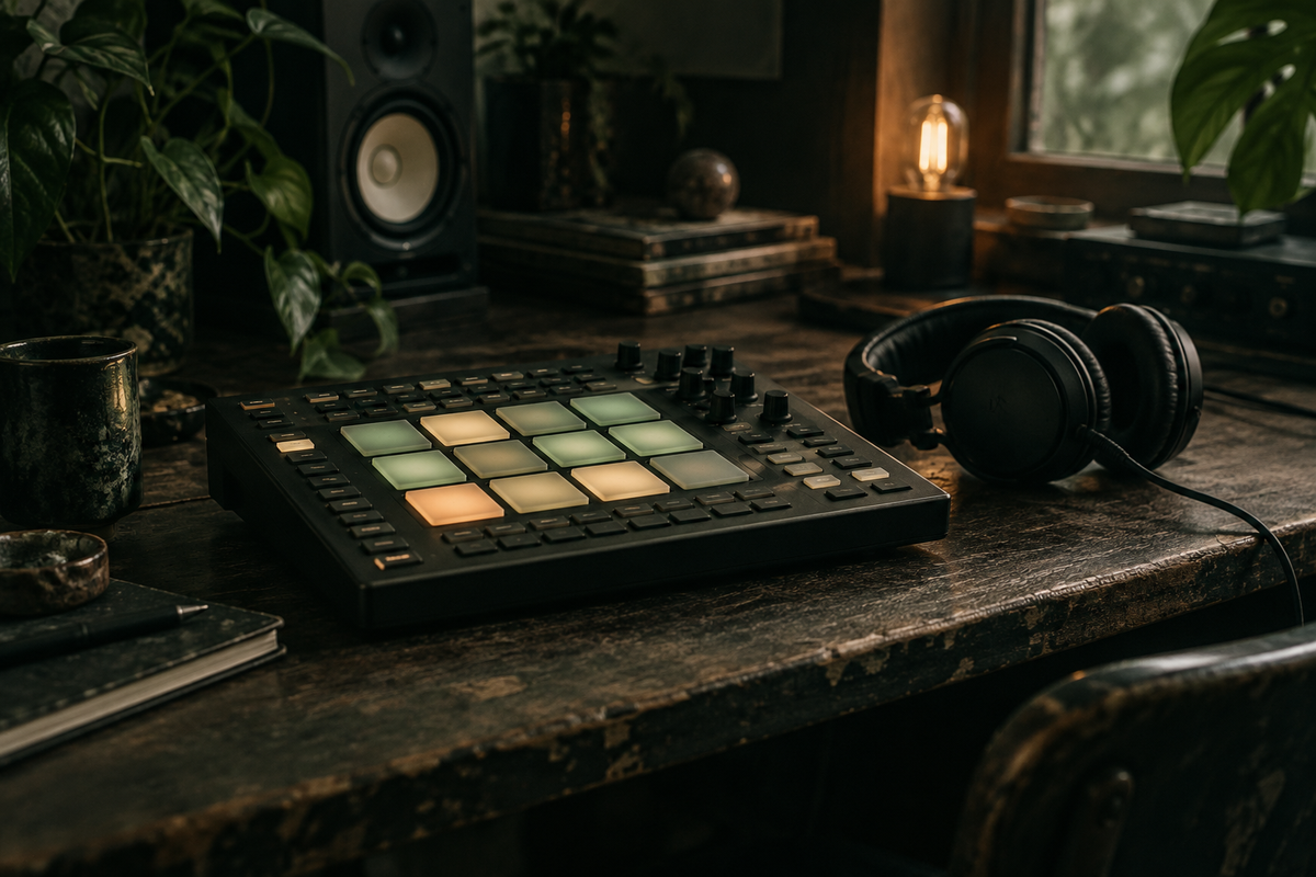 Ritmecontroller met koptelefoon op een donkere studiotafel.