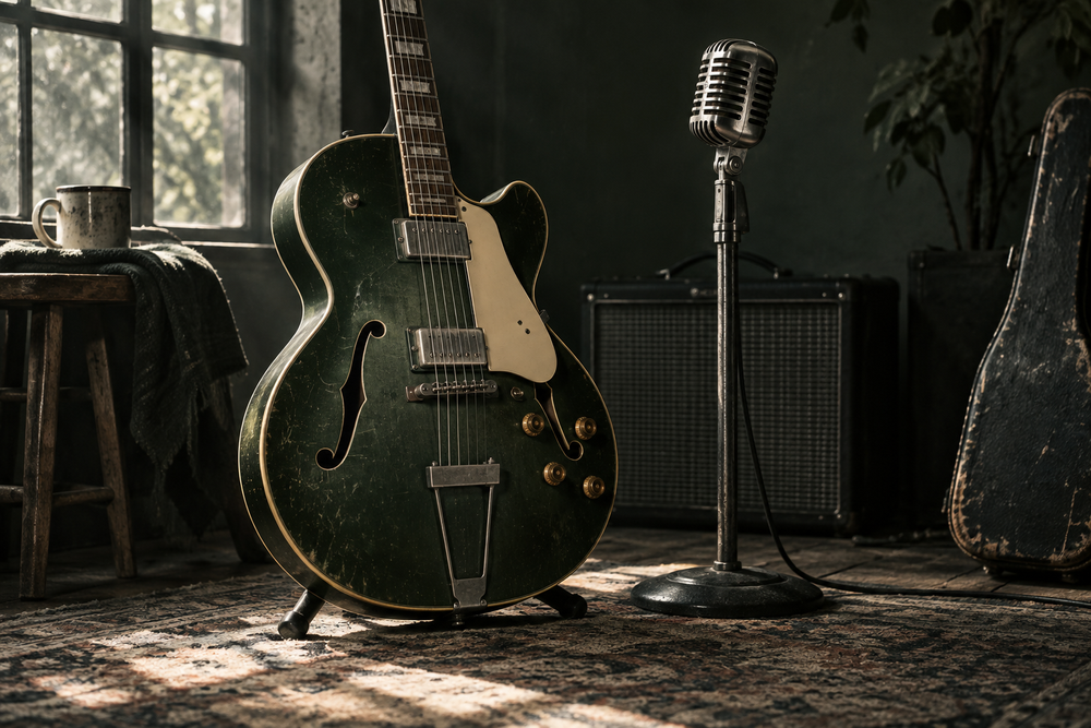 Holle elektrische gitaar met crèmekleurige slagplaat naast een vintage microfoon.