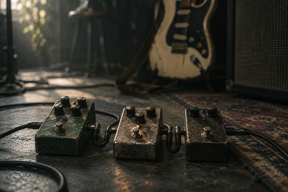 Drie verbonden gitaarpedalen met een onscherpe elektrische gitaar op de achtergrond.