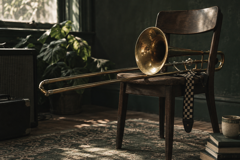 Trombone op een stoel naast een zwart-crème geblokte gitaarband.