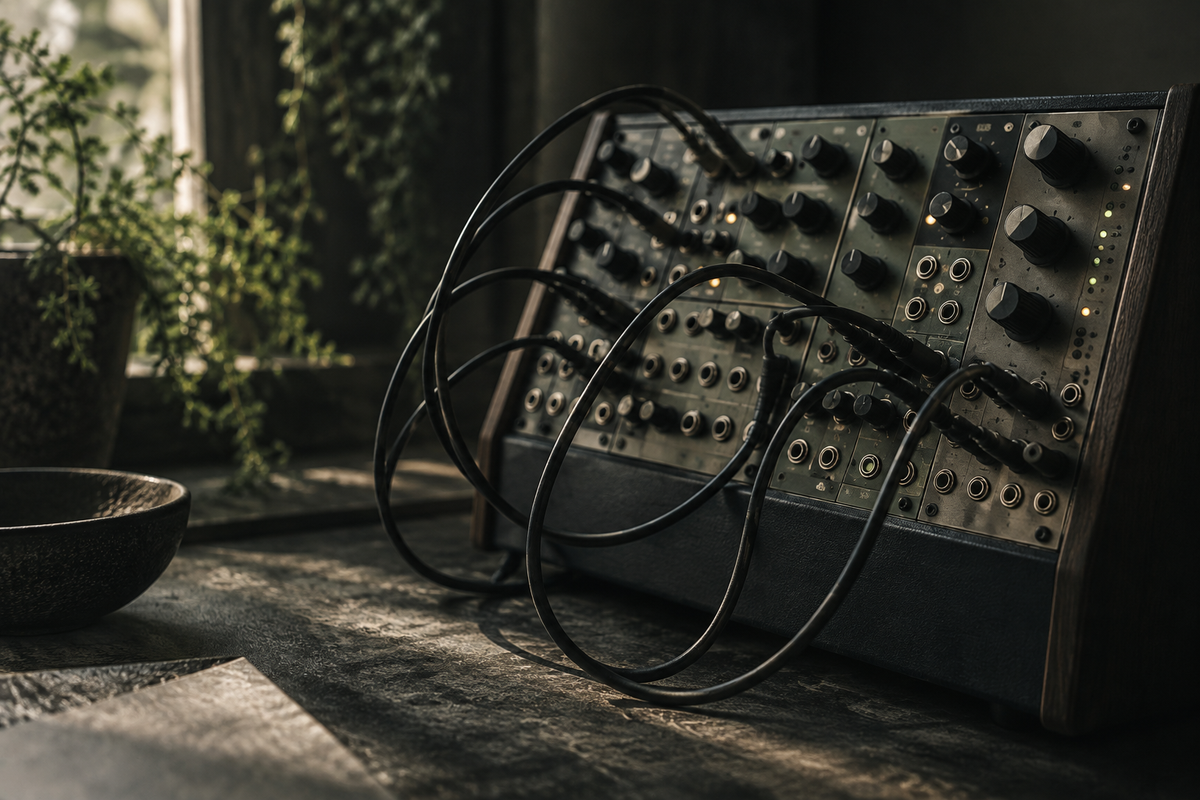 Modulaire synthesizer met patchkabels en enkele kleine controlelampjes.