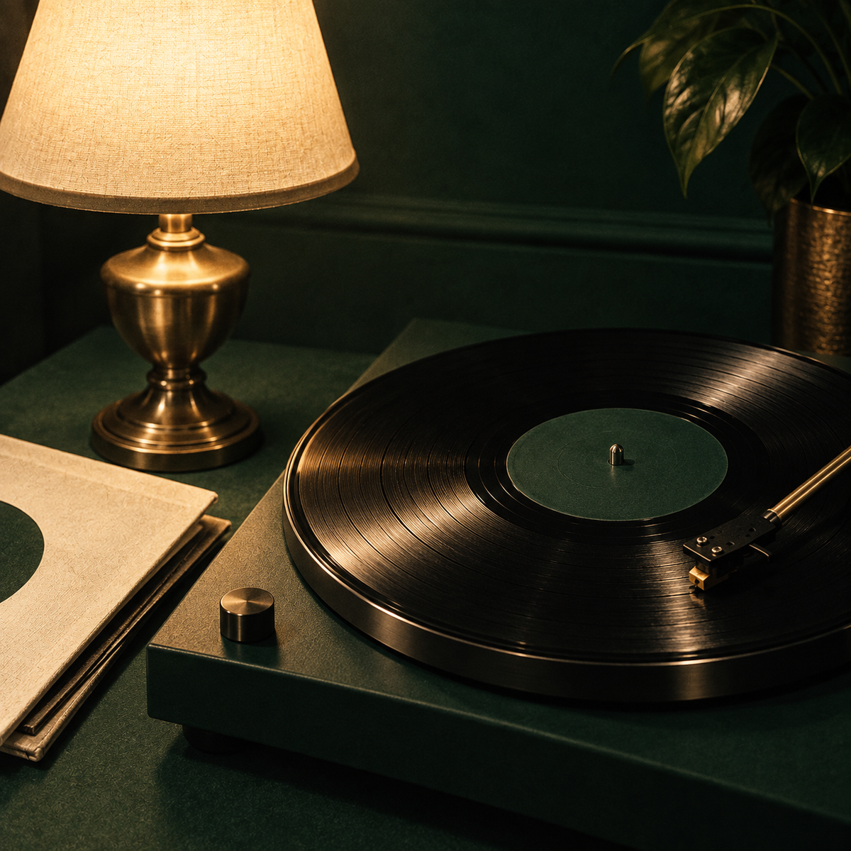 Een platenspeler met vinyl onder een warme lamp, omgeven door diepe groene schaduwen