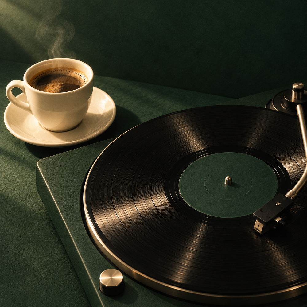Een dampende kop koffie naast een groene platenspeler en vinyl in de SJELF-stijl